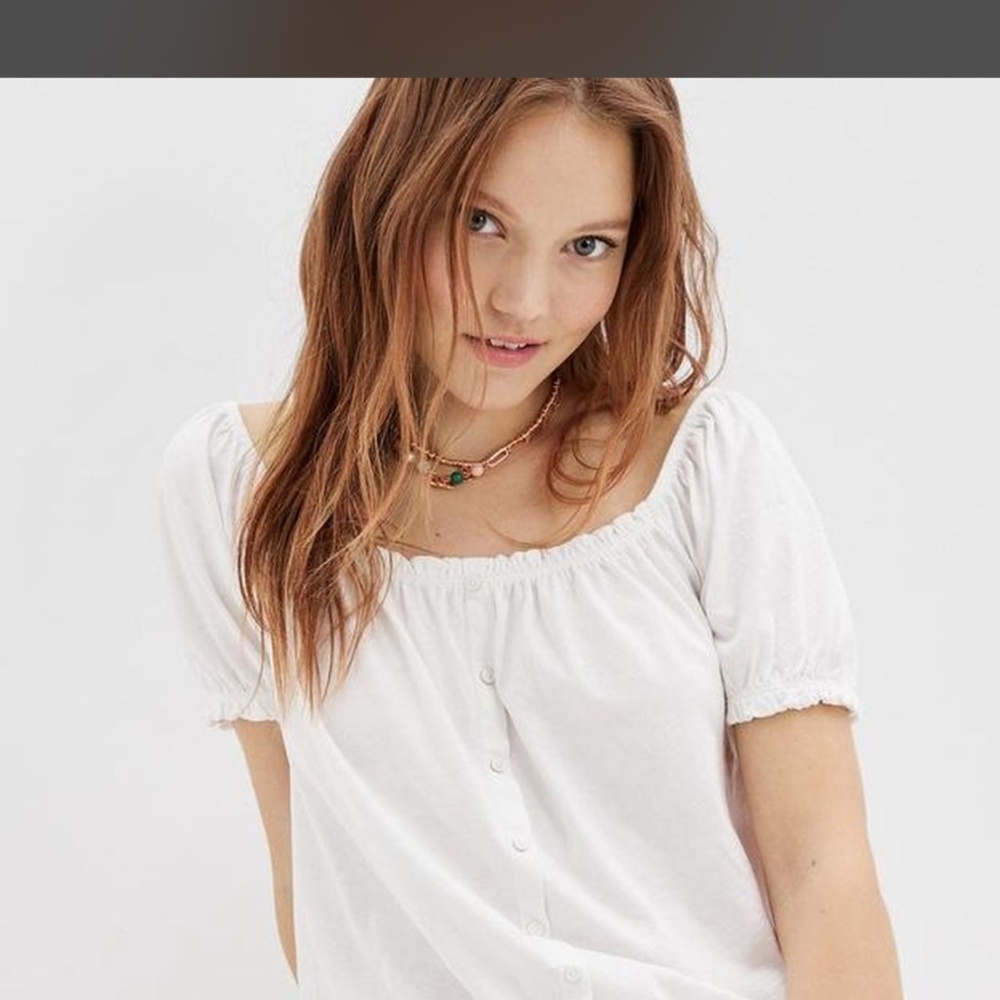 American Eagle Outfitters White Smocked Blouse Short Sleeve